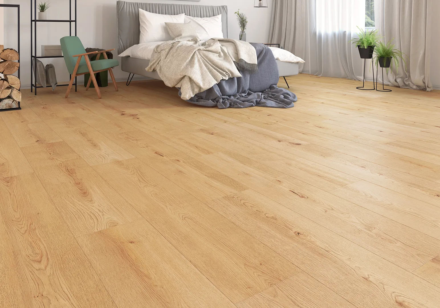 Heller Vinylboden in Holzoptik in einem modernen Schlafzimmer