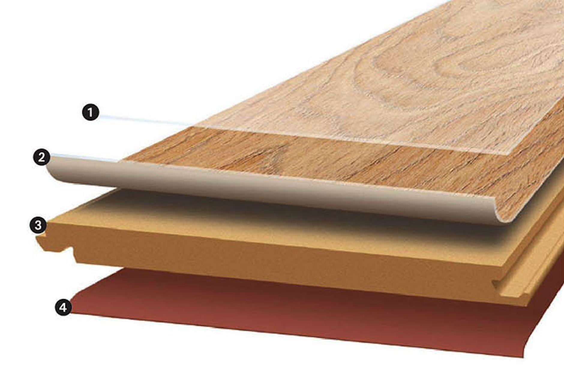 Aufbau eines Laminatbodens mit Schutzschicht, Dekorschicht, HDF-Trägerplatte und Gegenzug